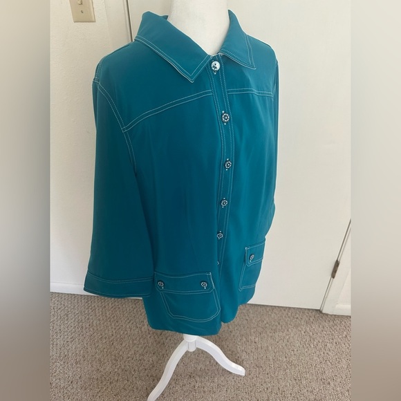Susan Graver Style Womens Teal Button Front Long Sleeve Blouse Size 1X - Picture 2 of 5